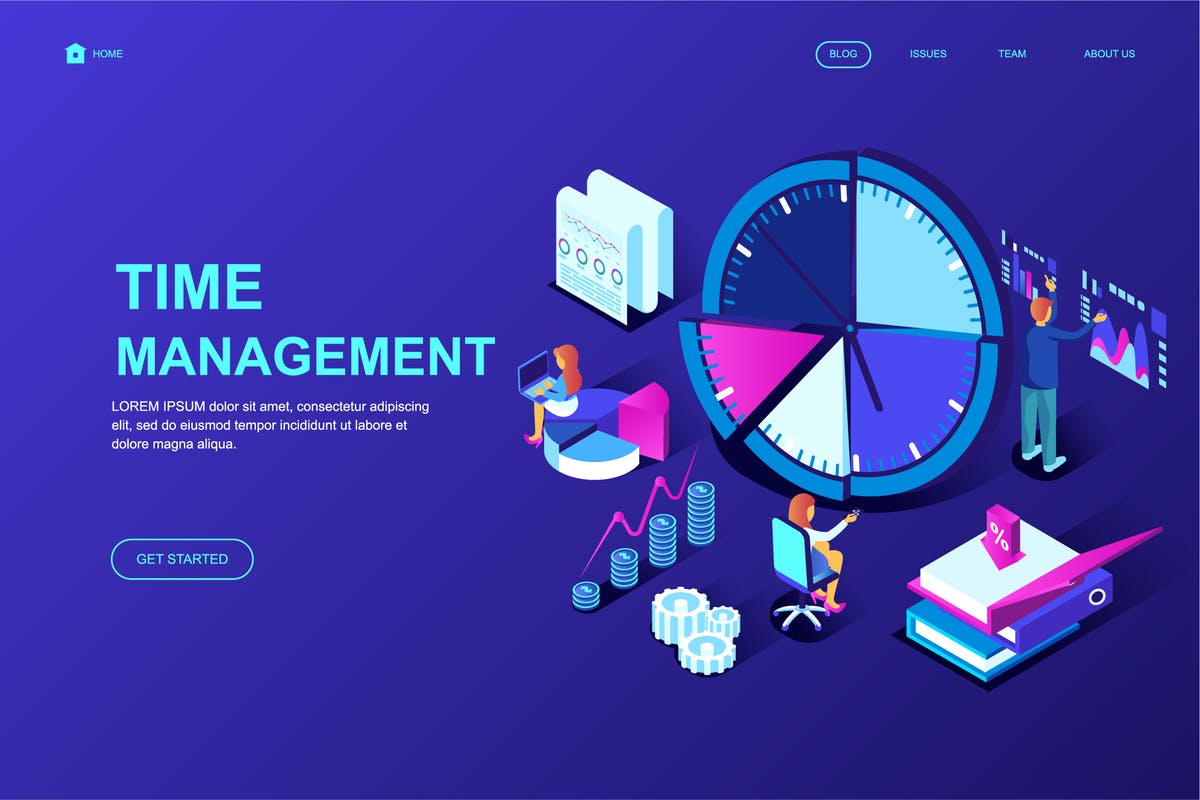 时间管理时间规划等距概念插画网站着陆页模板 Time Management Isometric Landing Page Template