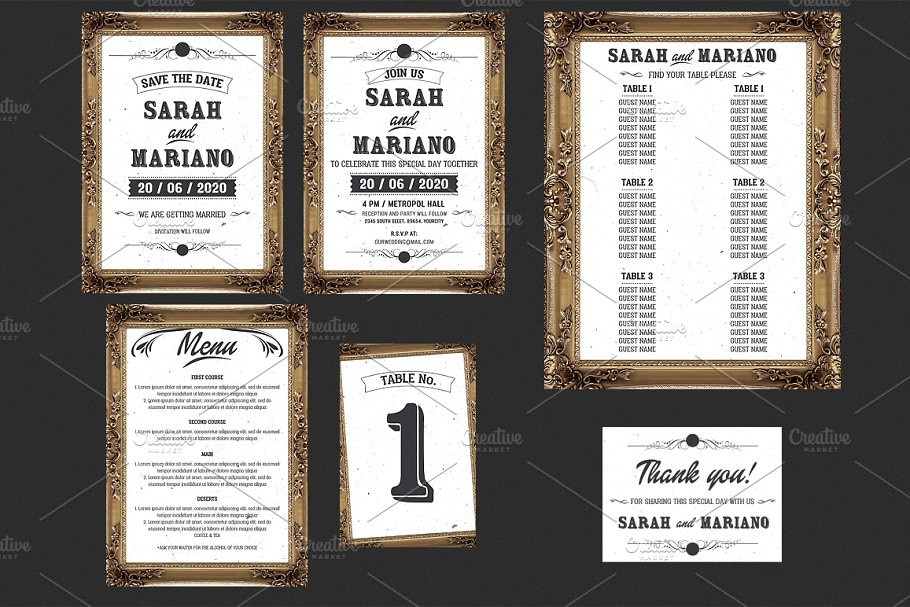 复古铜色边框婚礼邀请函模板 Frame Wedding Invitation Set