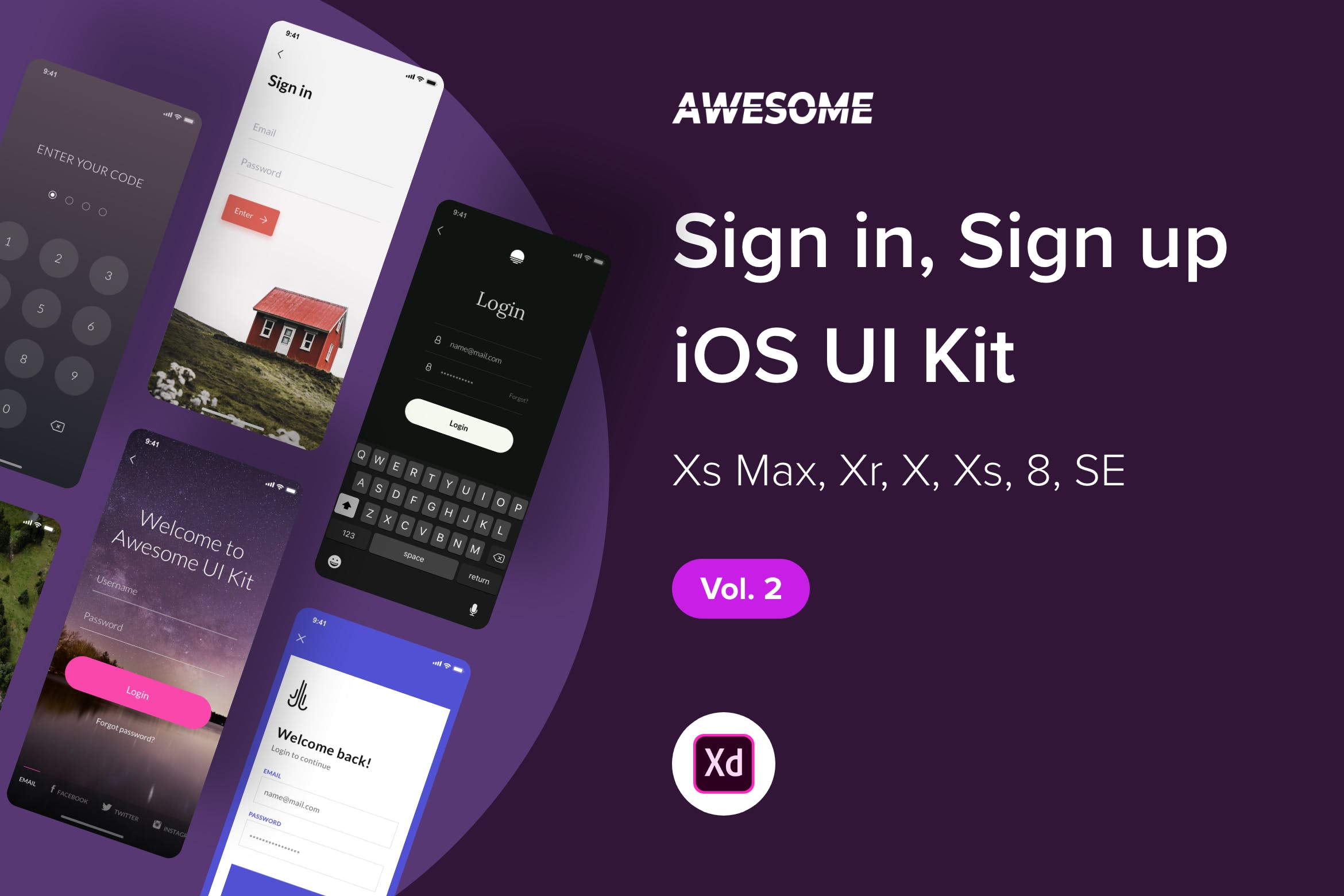 iOS平台APP应用注册登录界面设计XD模板v2 Awesome iOS UI Kit – Sign in, Sign up Vol. 2 (XD)