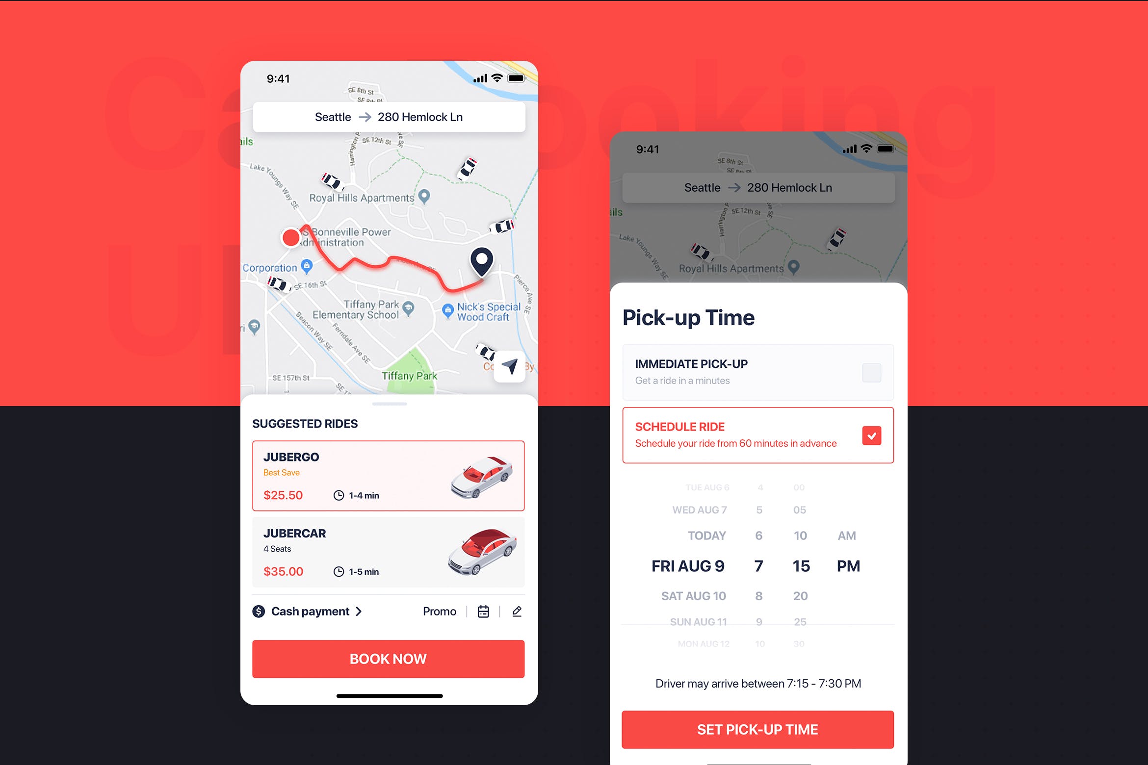 网约车APP应用UI设计之出行时间设置界面设计模板 Car Booking UI mobile concept – Pick-up Time