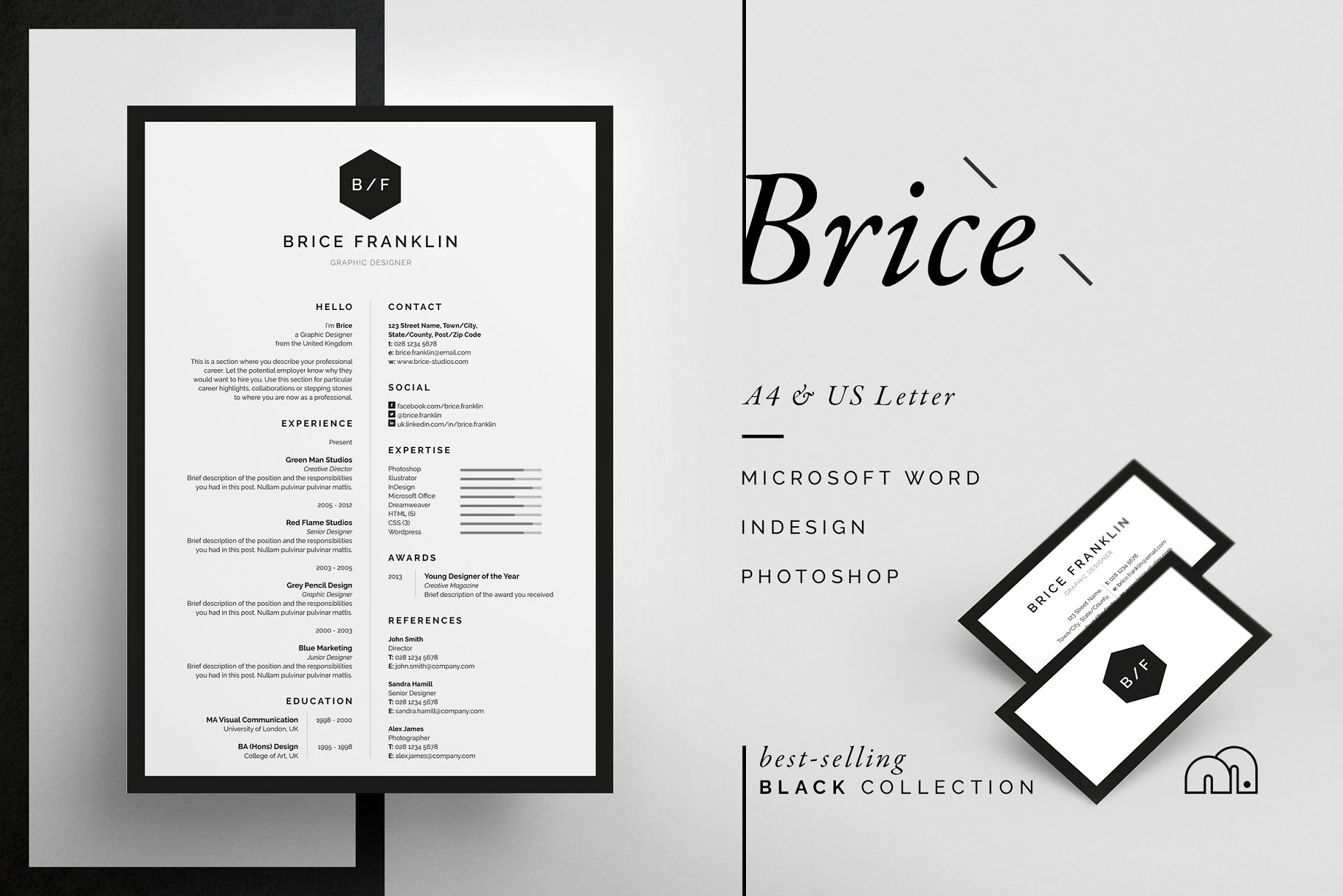 居中垂直排版风格个人简历模板 Brice – Resume/CV
