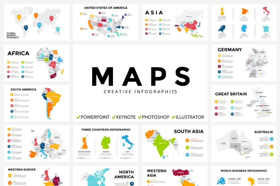 地图图形幻灯片设计素材合集 MAPS | Free Updates | Ppt Key Psd Ai