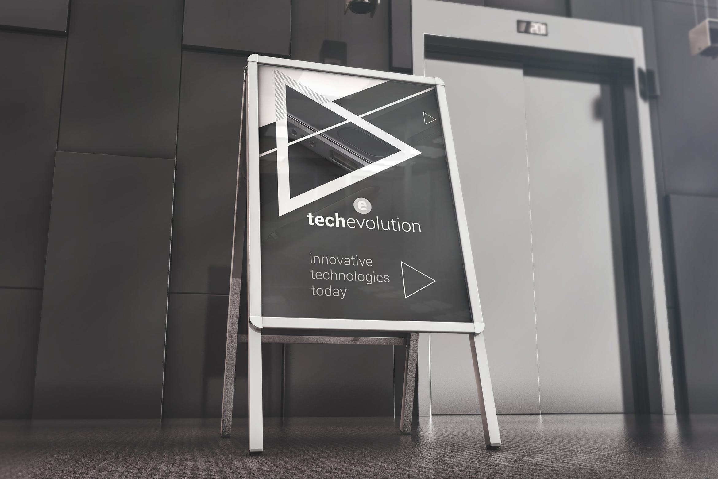 办公室大厅广告牌木架海报张贴效果图样机模板 Office Hall Advertising Mockup