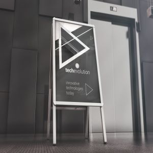 办公室大厅广告牌木架海报张贴效果图样机模板 Office Hall Advertising Mockup