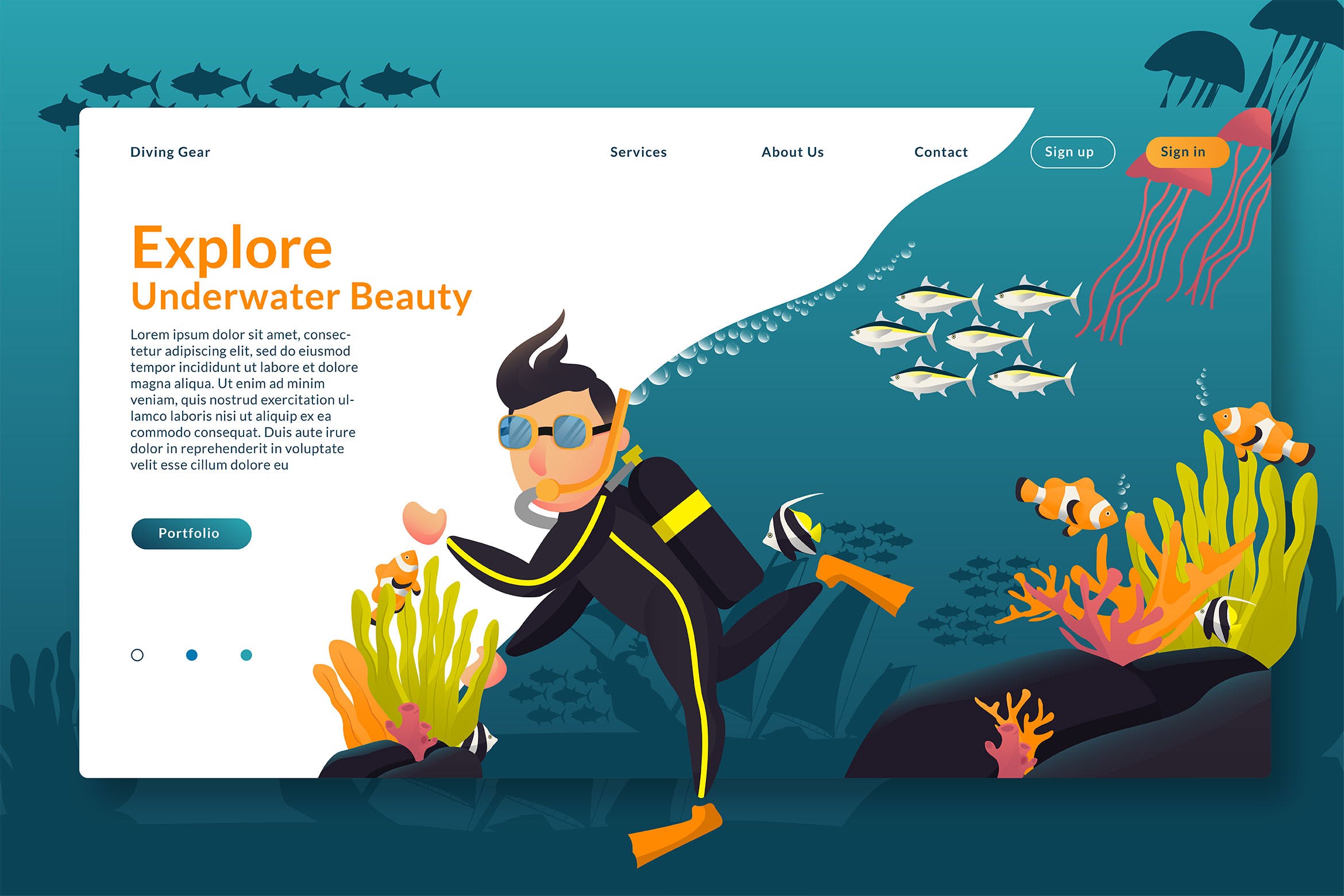 海底探索场景网站设计概念插画设计素材 Explore Underwater – Web Header & Vector GR
