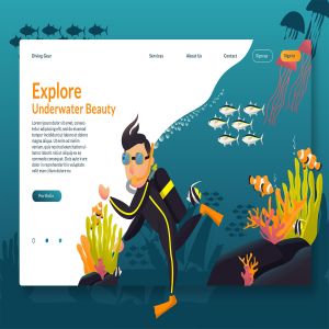 海底探索场景网站设计概念插画设计素材 Explore Underwater – Web Header & Vector GR