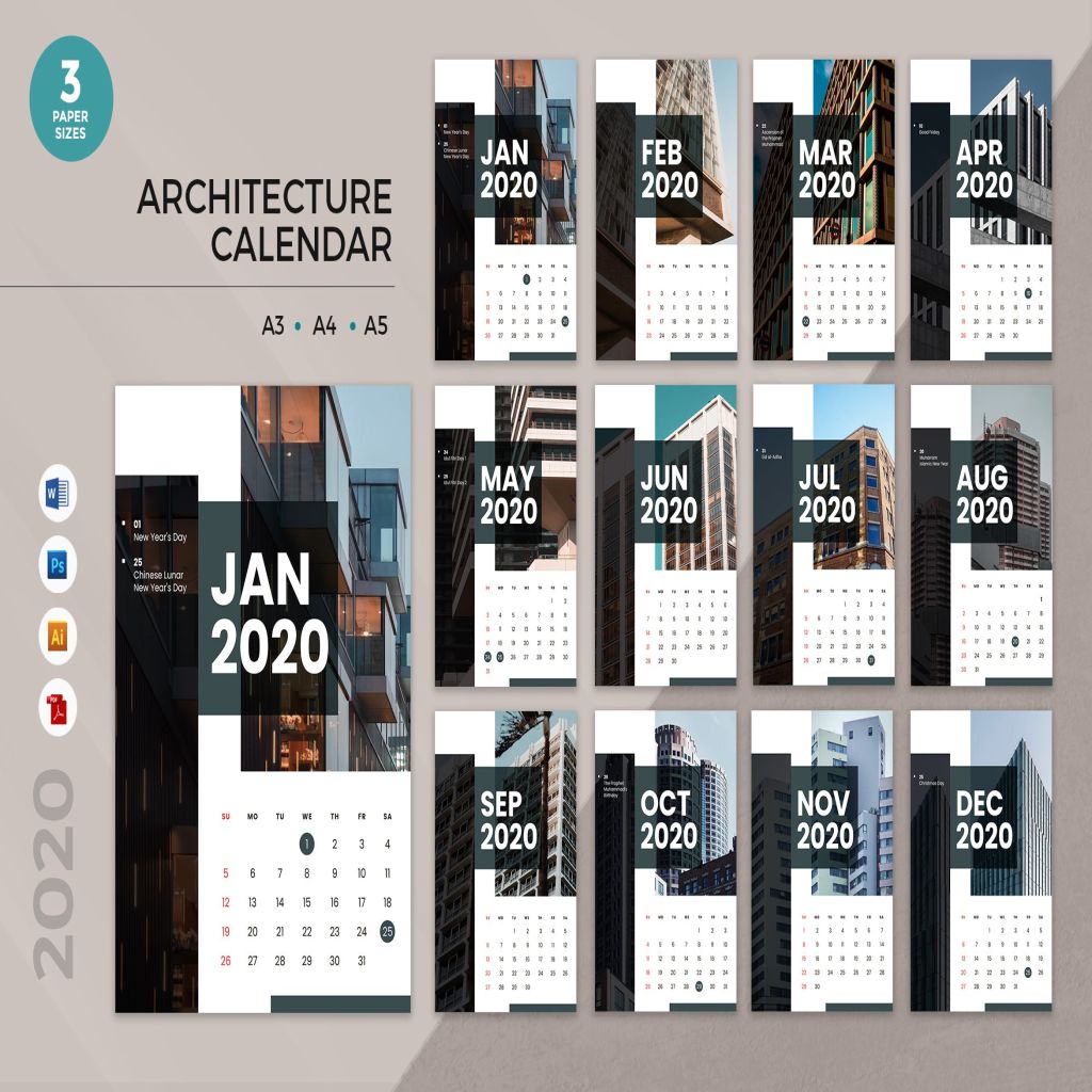 建筑行业主题2020年日历表设计模板 Architecture 2020 Calendar – AI, DOC, PSD插图