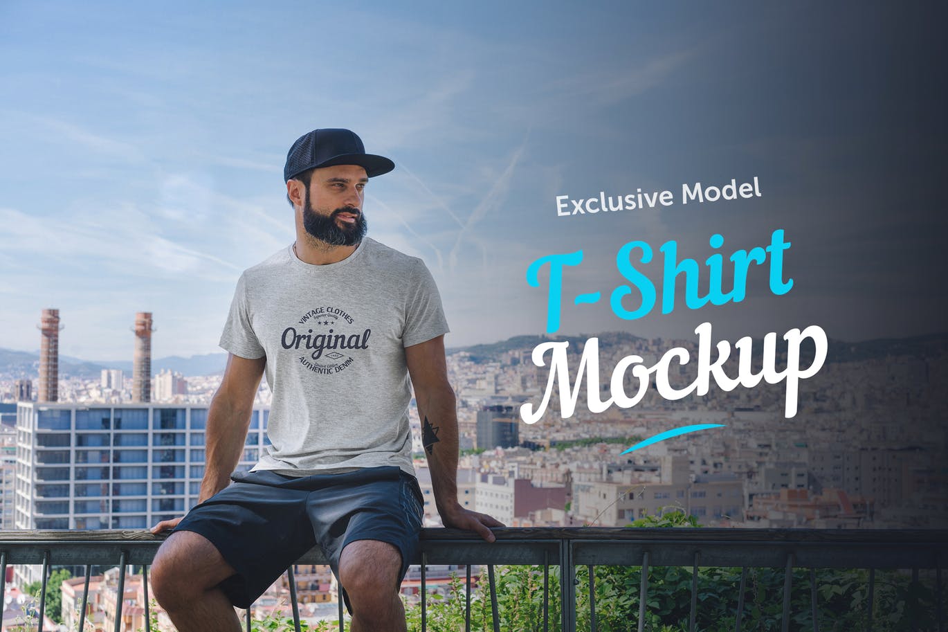 男模特街拍T恤印花设计预览样机 T-Shirt Mockup with Model