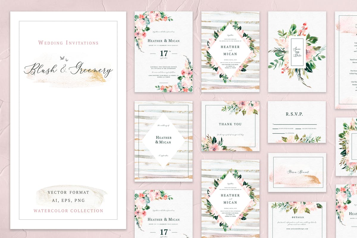 腮红&绿叶水彩系列婚礼设计素材套装 Blush & Greenery Wedding Collections
