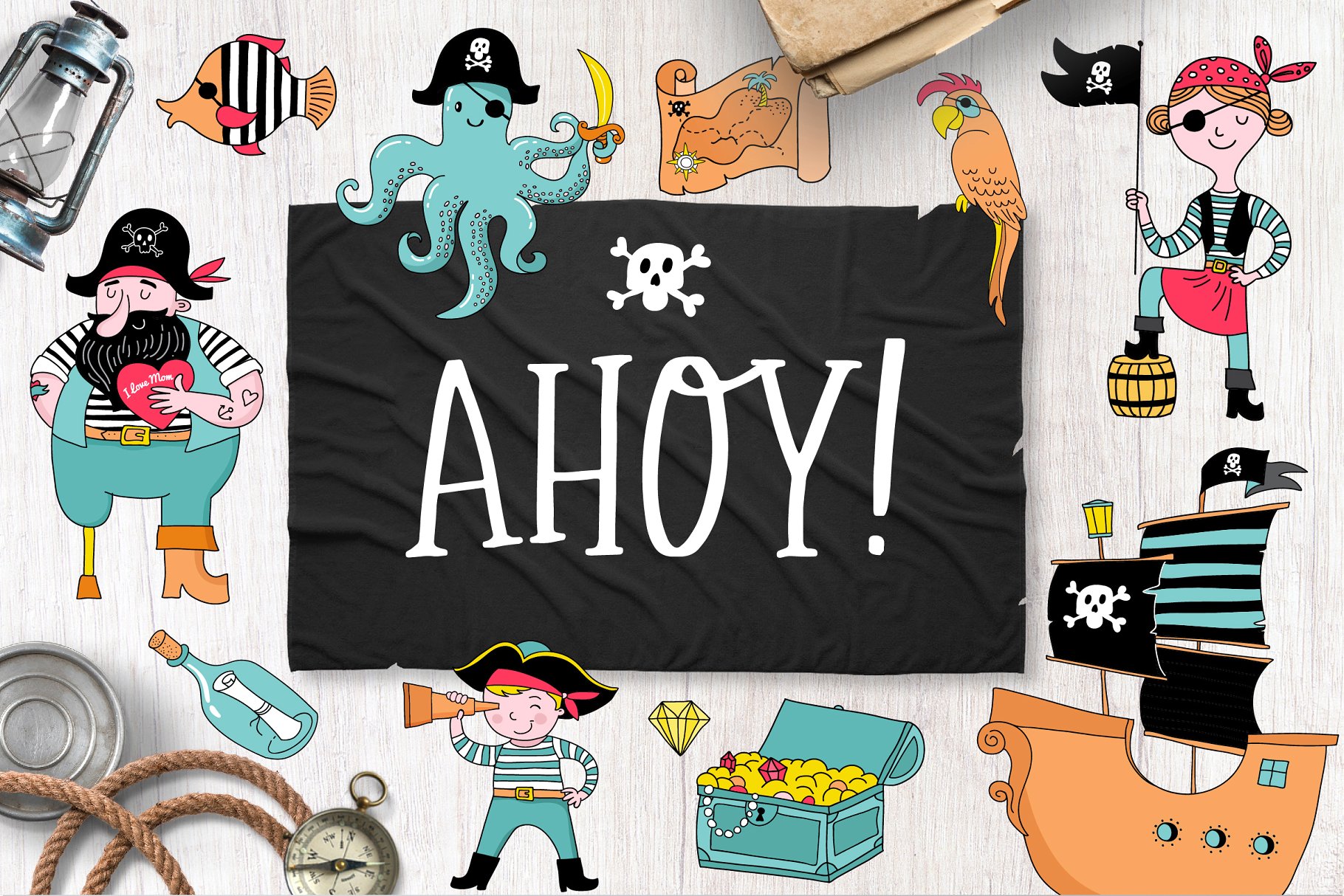 海盗船系列马克笔手绘卡通插画 Ahoy! Pirate collection