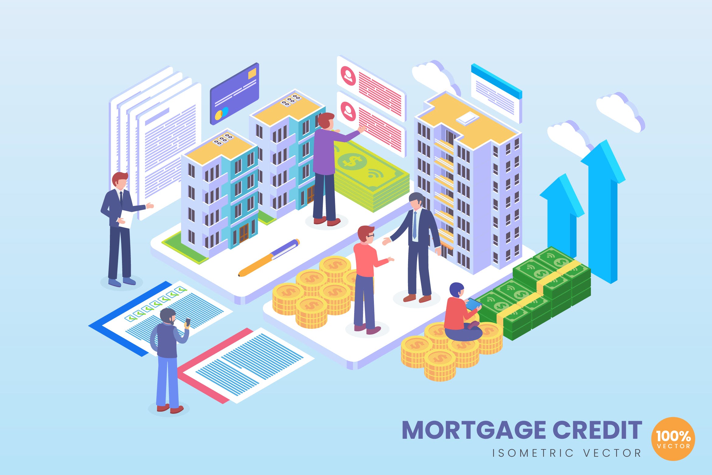 抵押信贷金融服务场景2.5D等距概念矢量插画 Isometric Mortgage Credit Vector Concept