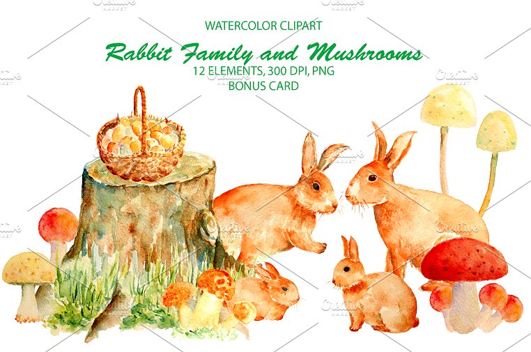 手绘复活节兔子家庭水彩剪贴画 Watercolor Rabbit Famly & Mushrooms