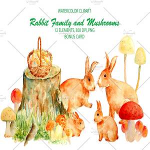 手绘复活节兔子家庭水彩剪贴画 Watercolor Rabbit Famly & Mushrooms