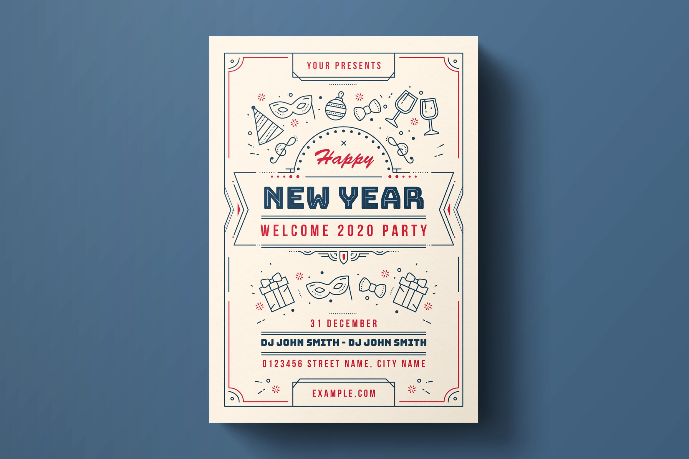 线条艺术2020年新年主题活动海报传单设计模板 Happy New Year Flyer Template