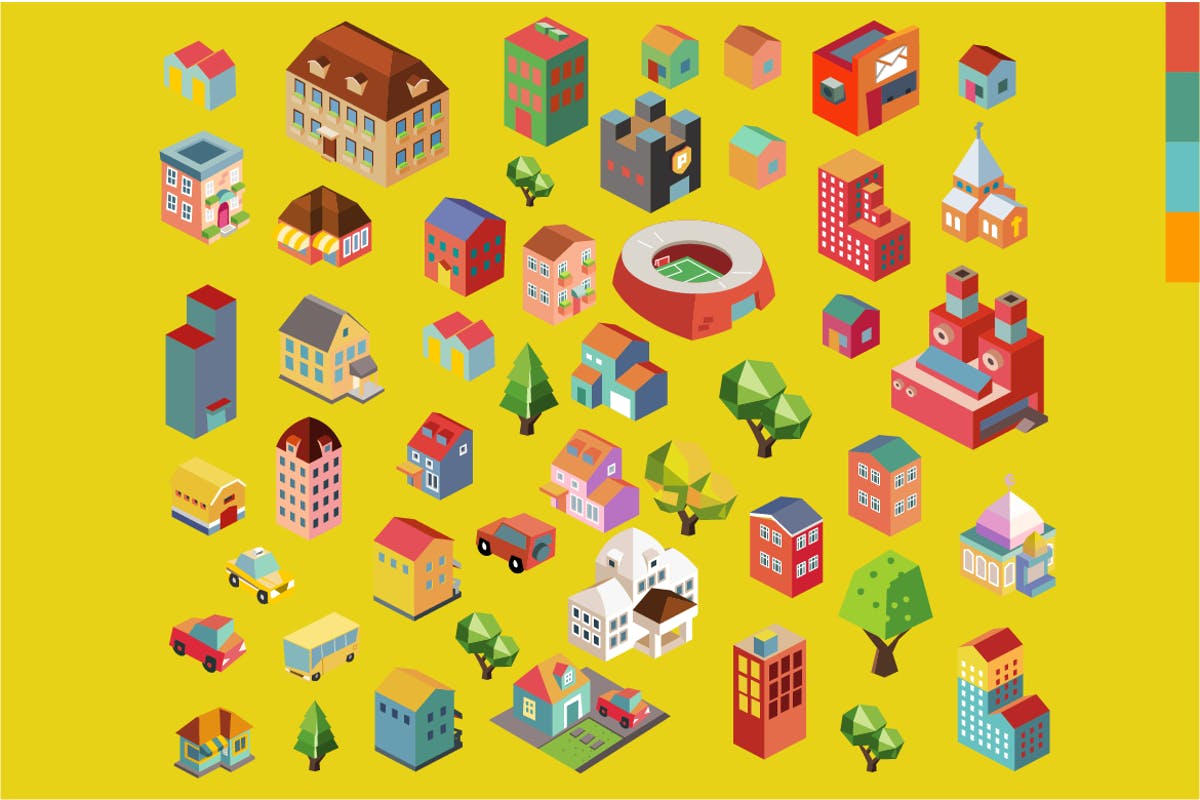 多彩等距建筑建筑物场景矢量插画v7 Colorful vector isometric buildings