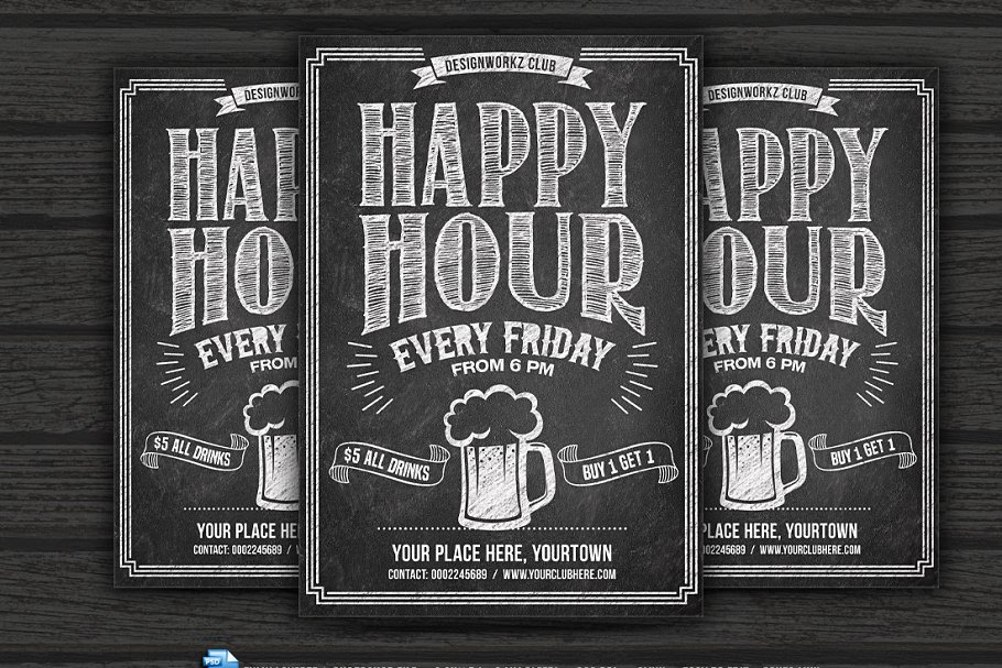 欢乐时光黑板画风格海报传单设计模板 Happy Hour Chalkboard Flyer