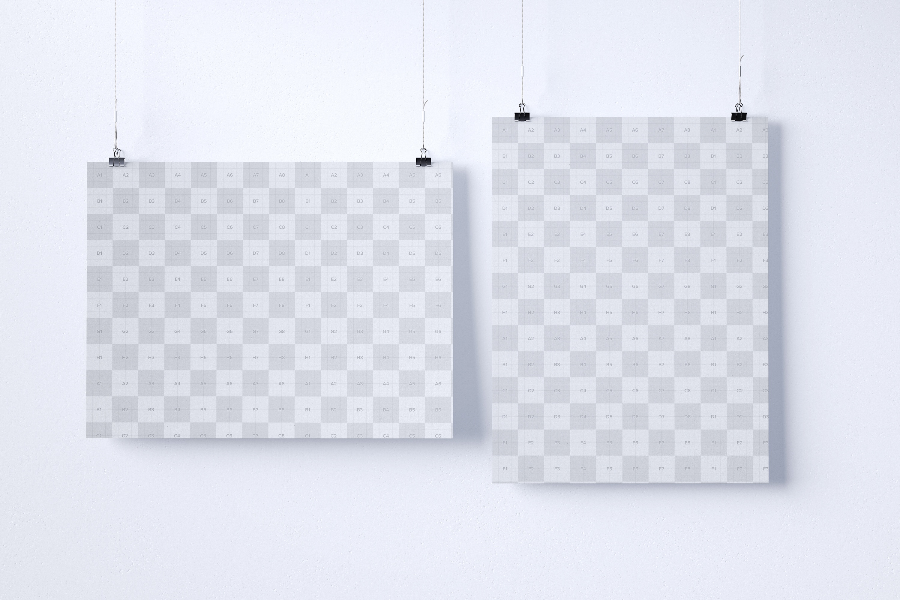 横向&纵向悬挂海报设计效果图样机模板 Two hanging poster mockup, landscape and portrait view