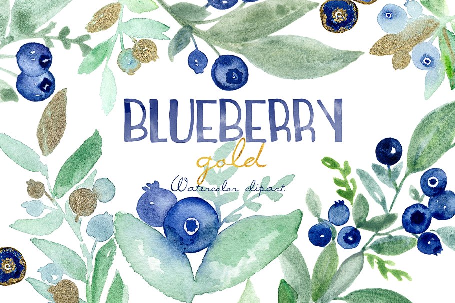 优雅水彩蓝莓插画剪贴画 Blueberry gold. Watercolors