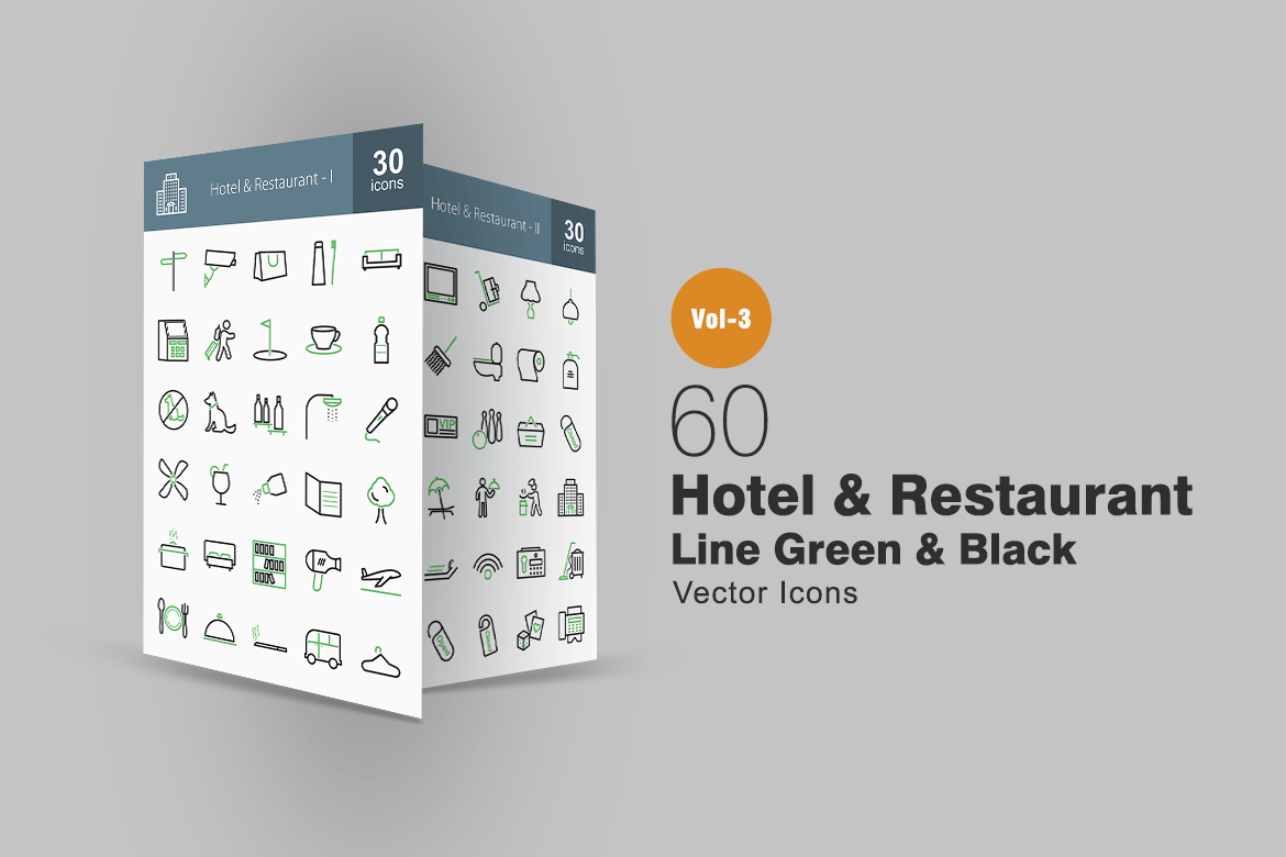 60枚酒店&餐厅线条图标素材 60 Hotel & Restaurant Line Green & Black Icons