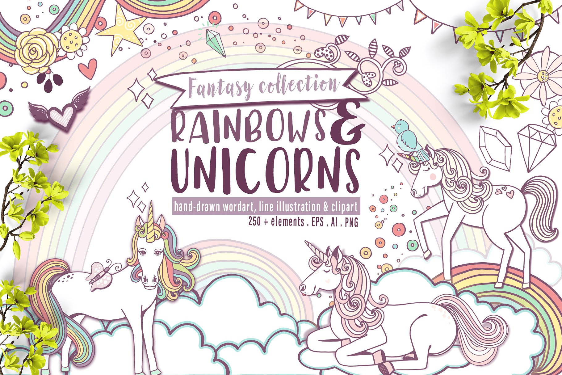 彩虹与独角兽梦幻世界插画元素 Rainbows & Unicorns