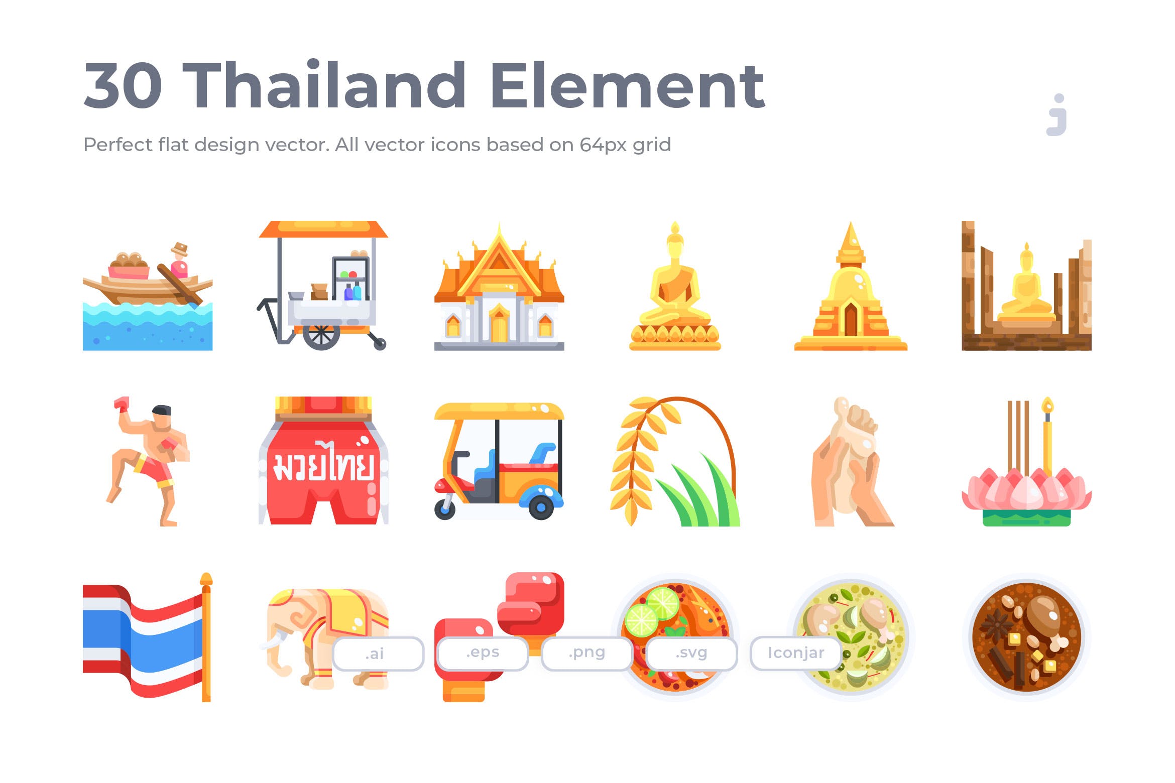 30枚泰国国家元素扁平设计风格矢量图标 30 Thailand Element Icons – Flat