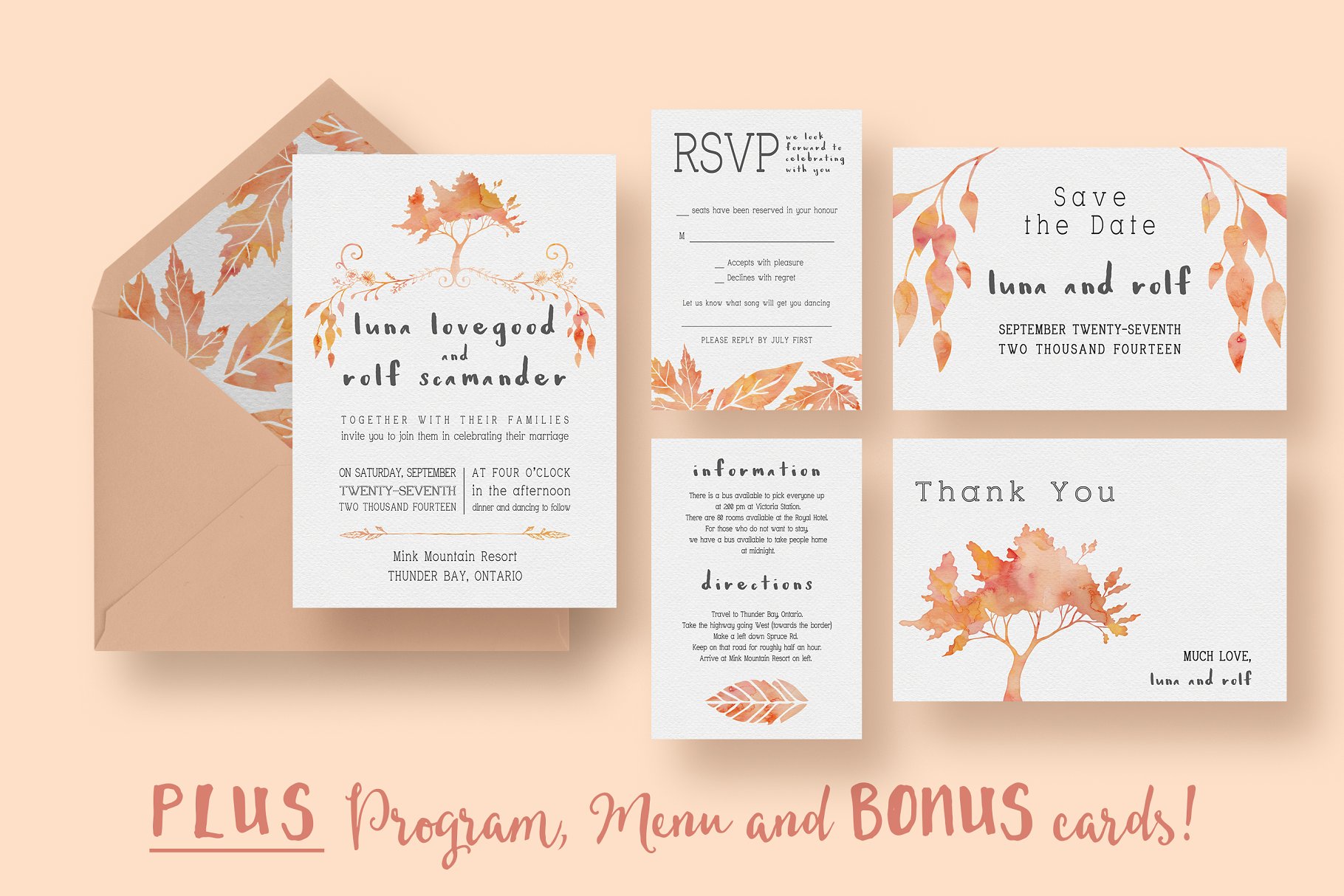 粉色水彩树木植物装饰婚礼邀请函套装 Watercolour Tree Wedding Suite