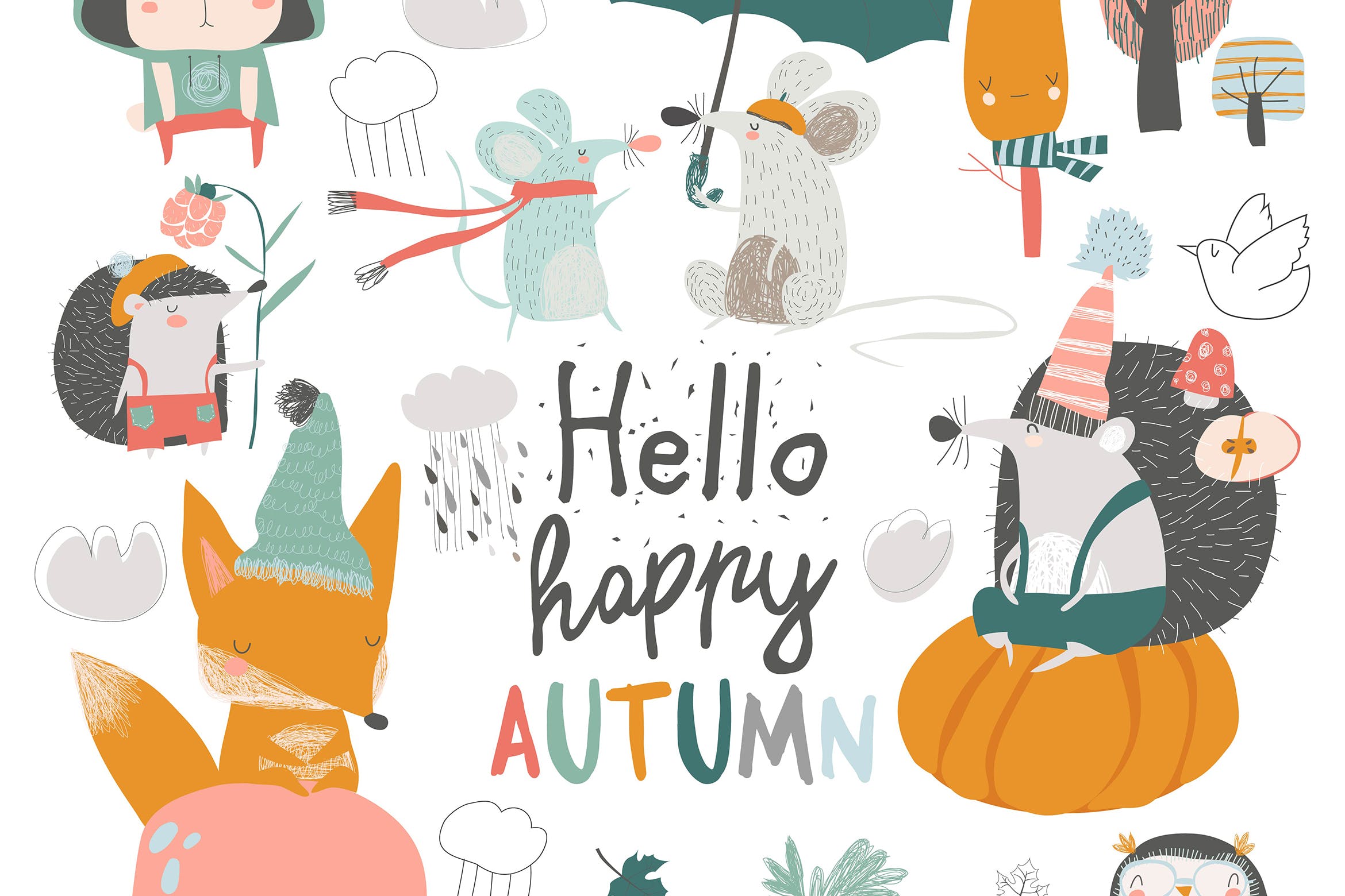 卡通风格可爱森林动物手绘图形设计素材 Fall set with cute forest animals in cartoon style