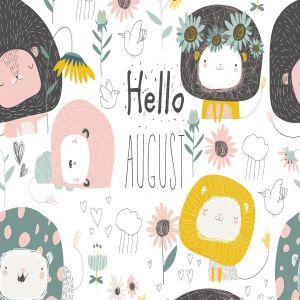 卡通狮子/花卉手绘无缝矢量图案图片设计素材 Vector seamless pattern with cute lions and flower