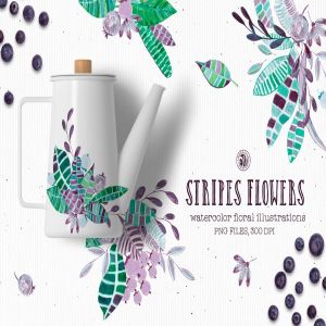 条纹手绘花卉水彩插画 Stripes Flowers