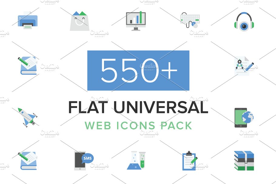 550+扁平通用互联网应用图标集 550+ Flat Universal Web Icons Pack