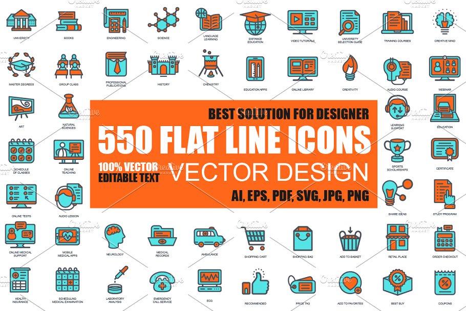 550枚扁平风格线条网站设计图标 Flat Line Web Icons