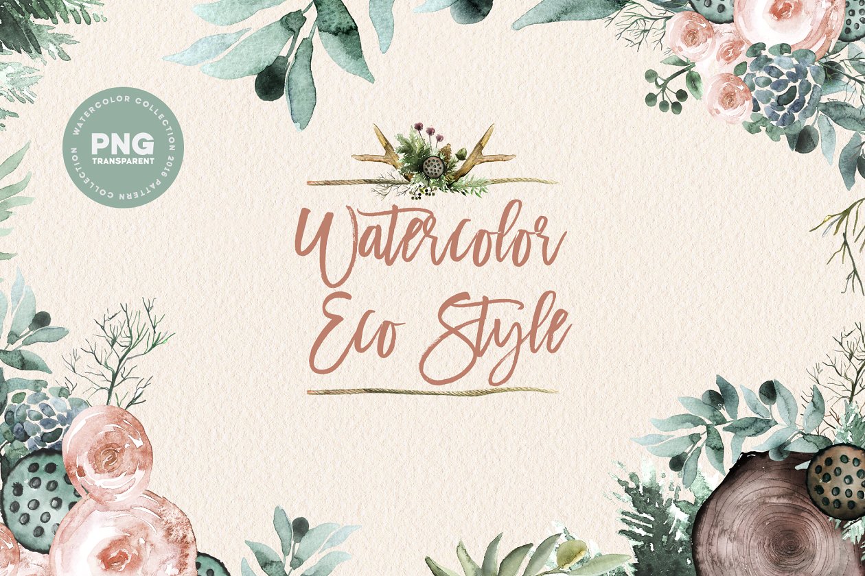 生态水彩剪切画（72个植物水果剪贴画+PSD分层素材+纹理） Watercolor Eco Style Set