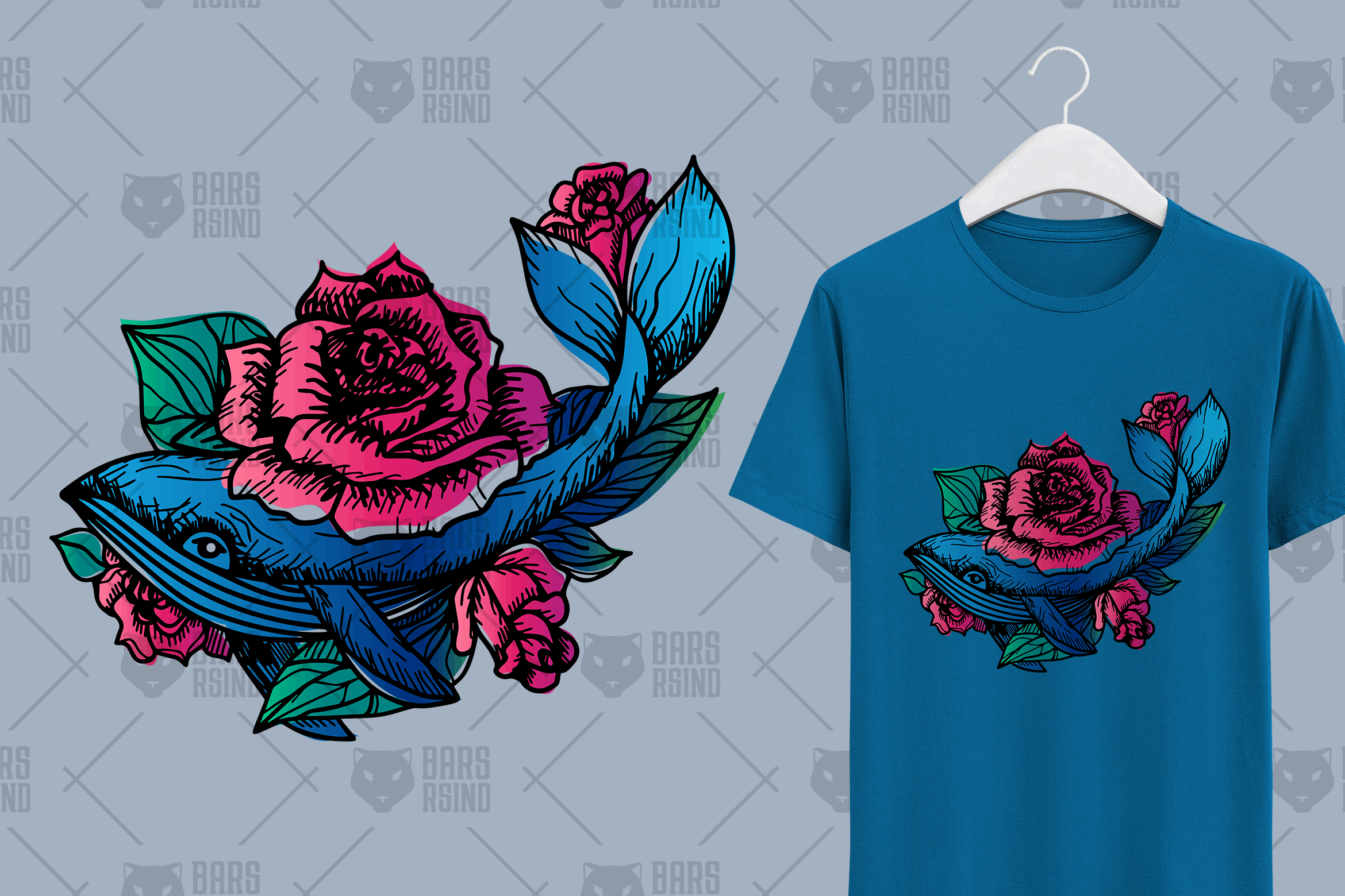 玫瑰鲸鱼T恤印花水彩手绘图案矢量素材 Hand Drawn Whale In Roses