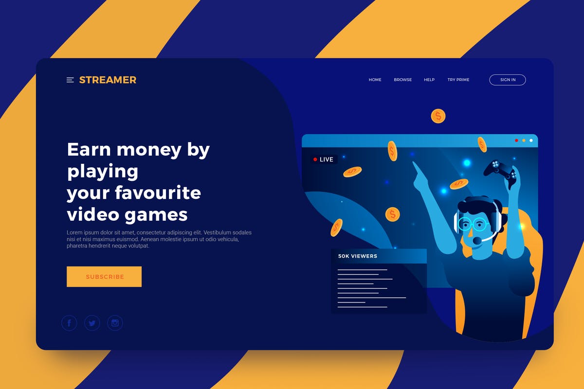 视频游戏流概念插画网站着陆页模板 Video Game Streaming Illustration