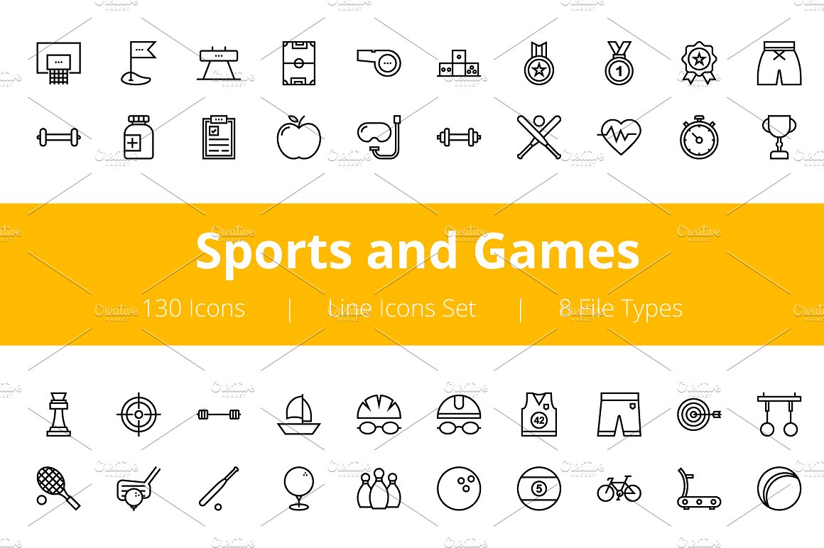 体育竞技主题图标集 125+ Sports and Games Line Icons