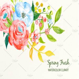 春季新鲜蓝粉色系水彩花卉插画 Watercolor Clipart Spring Fresh