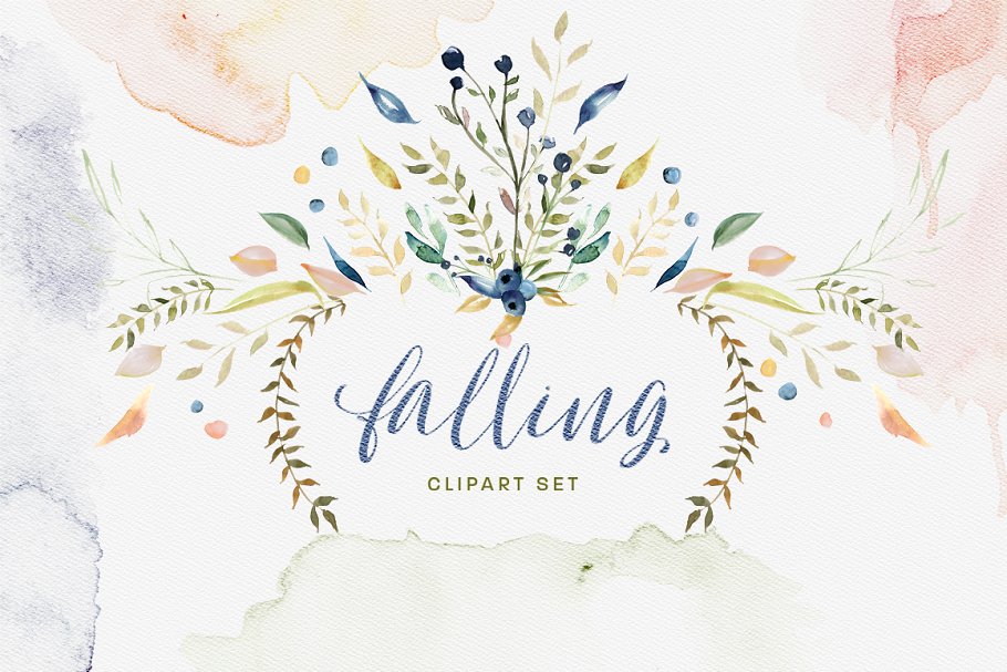 水彩花卉剪贴画合集[对象、花环&纹理] Falling Watercolor Clipart Bundle