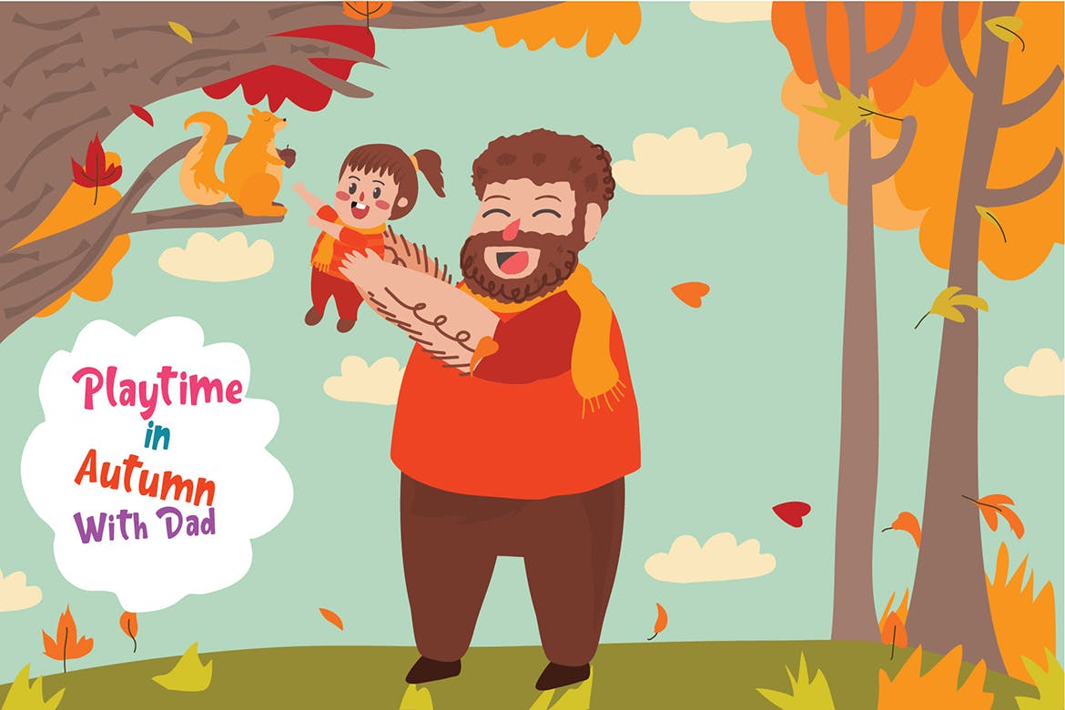 秋季亲子活动主题矢量插画素材 Autumn With Dad – Vector Illustration