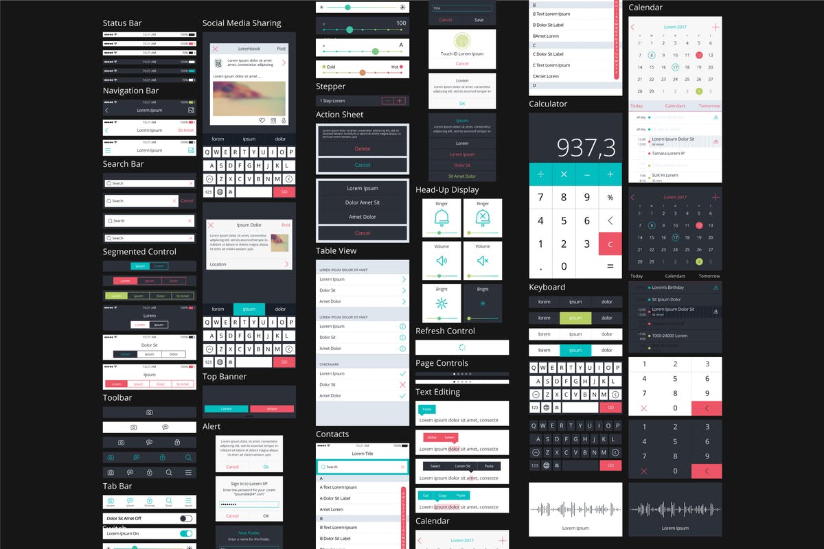 通用型手机APP应用开发UI套件库v1 Vector GUI Template. UI Kit.