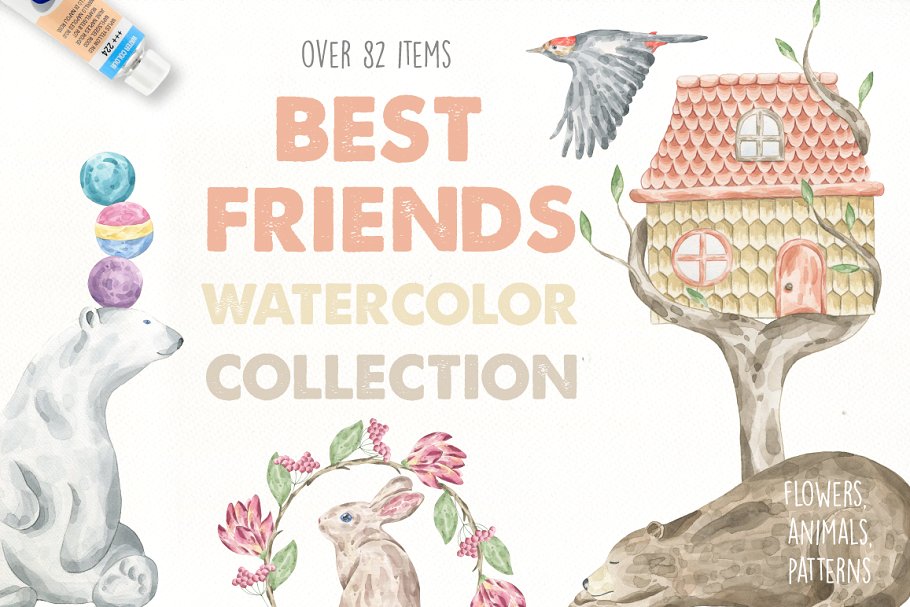 婴儿儿童主题水彩插画素材 Best Friends Watercolor Set Pro