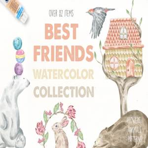 婴儿儿童主题水彩插画素材 Best Friends Watercolor Set Pro