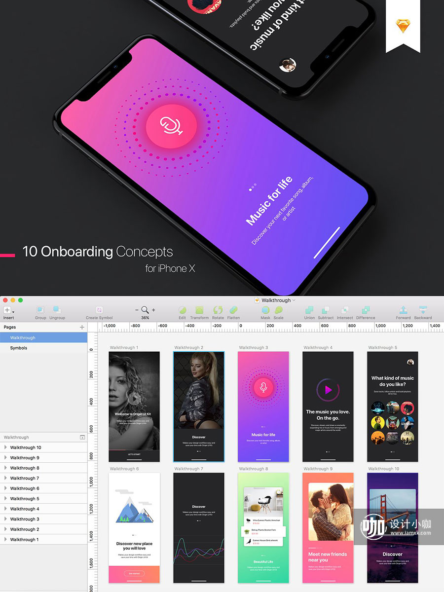 一流设计素材网下午茶：10个时尚的iPhone X轮播广告(Walkthrough Ui Kits)页模板下载[Sketch]