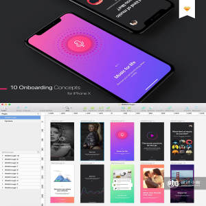 一流设计素材网下午茶：10个时尚的iPhone X轮播广告(Walkthrough Ui Kits)页模板下载[Sketch]