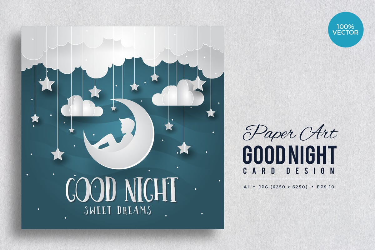 剪纸艺术晚安贺卡矢量模板v1 Paper Art Good Night Vector Card Vol.1