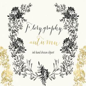 秋天风格墨水画花卉剪贴画 Florygraphy. Autumn. Ink clipart