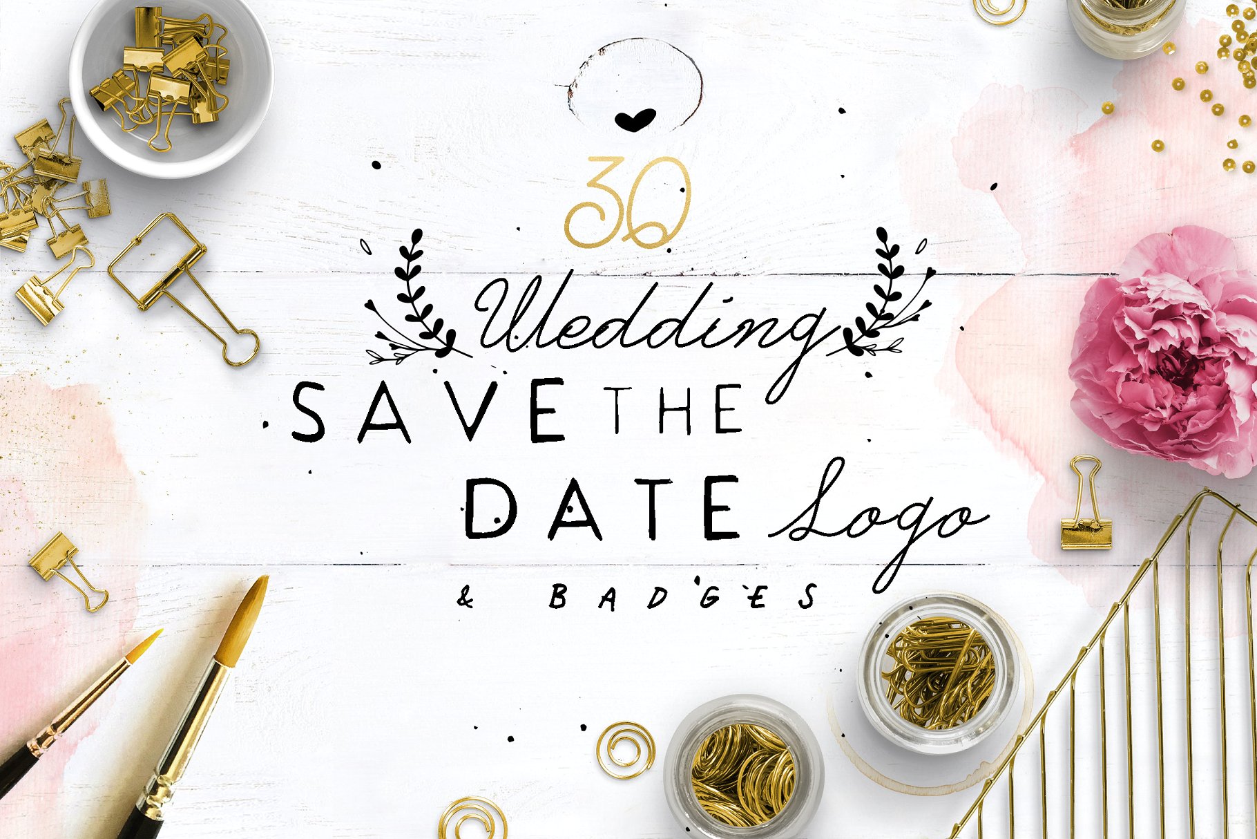 30款预留时间花环徽章Logo模板 30 Save the Date Wreath Logo