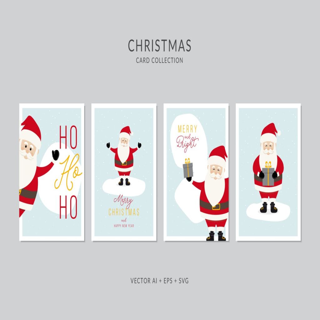 圣诞老人卡通手绘圣诞节贺卡矢量设计模板集v1 Christmas Greeting Card Vector Set插图
