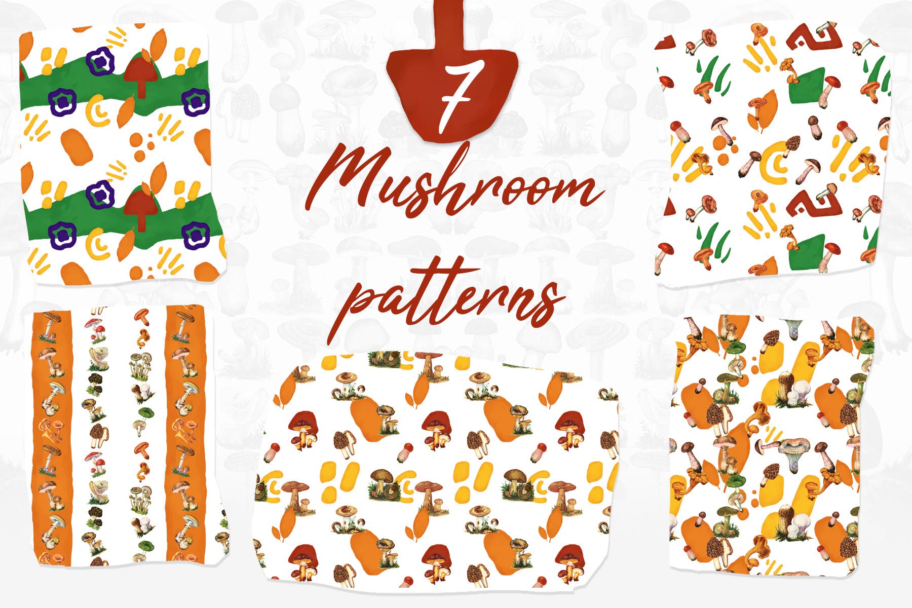 7款蘑菇手绘图案图片纹样背景素材 7 Mushroom Patterns