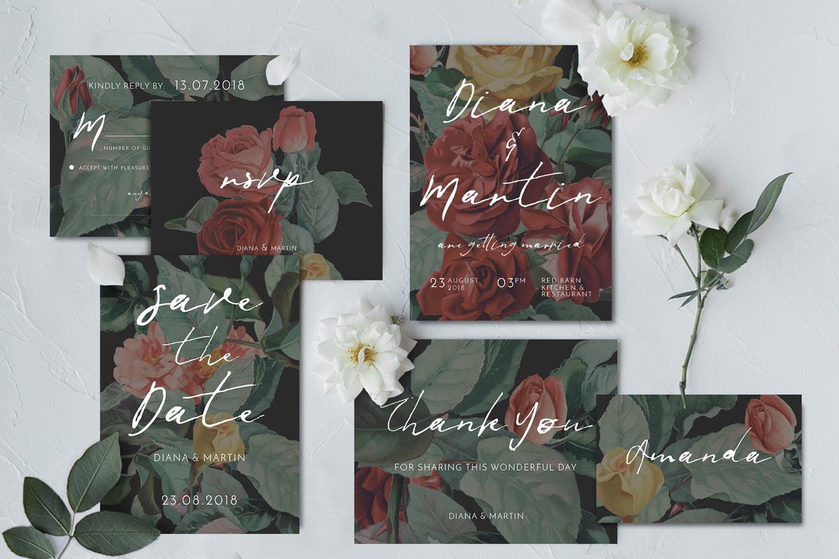 现代英式玫瑰插画婚礼邀请函设计模板套装 Modern English Garden Wedding Suite