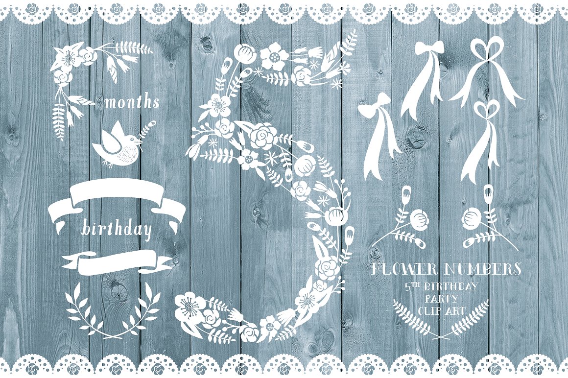 节日派对邀请卡鲜花装饰素材 Floral number five, card invite